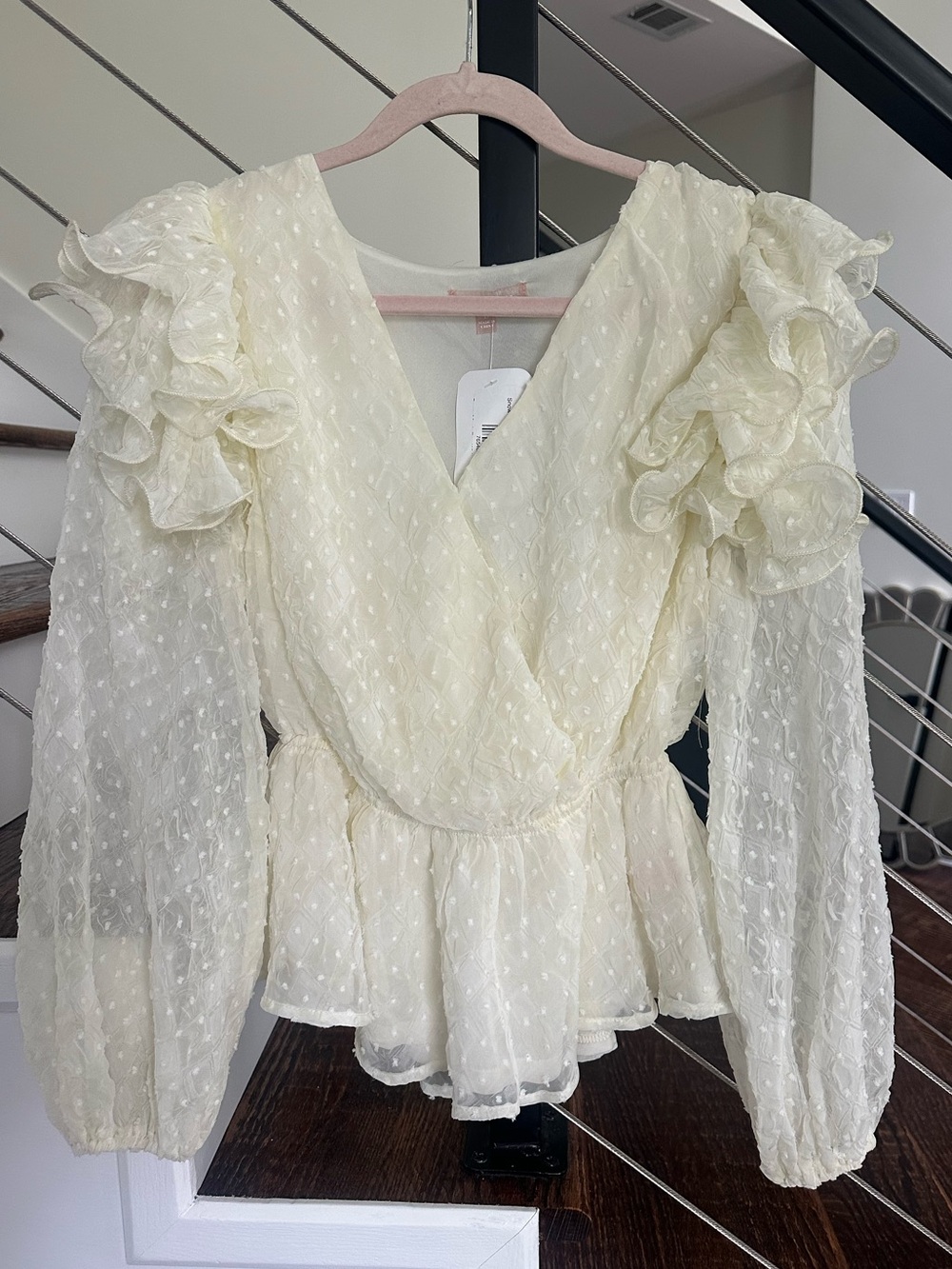 Lovecolette Cream Swiss Dot Ruffle Peplum Blouse Top Cottagecore Romantic|Size:S